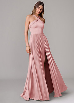 Azazie Afra Abiti da Damigella Abito A-Line in Raso Elasticizzato Plissettato Rosa Cipria image3