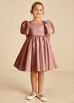 Azazie Muffin Flower Girl Dresses Cedar Rose A-Line with Sleeves Matte Satin Dress image2
