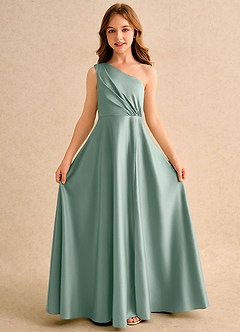 Azazie Puddles Girls Formal Robe Demoiselle D'honneur Fillette Robe Trapèze en Mat Satiné Asymétrique Sauge D'argent image5
