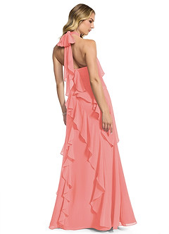 Azazie Velma Bridesmaid Dresses Coral A-Line Side Slit Chiffon Dress image2