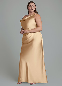 Azazie Emerson Robes de demoiselle d'honneur Robe Sirène en Satin extensible Épaules dénudées Champagne image3