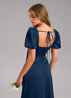 Azazie Fyona Vestidos de damas de honor Vestido de Azul Marino Oscuro de Satén Elástico de Corte en A con Plisado image7