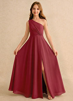 Azazie Puddles Girls Formal Robe Demoiselle D'honneur Fillette Robe Trapèze en Mousseline de soie Une épaule Grenade image5