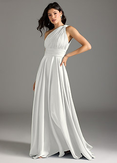 Azazie Charlize Abiti da Damigella Abito A-Line in Raso Elasticizzato Monospalla Bianco image4