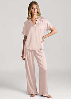 front Matching Color Ruffled Short Sleeve Long Pants Pajama Set