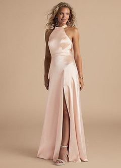 Azazie Clarice Bridesmaid Dresses Rose Gold A-Line High Neck Metallic Satin Dress image1