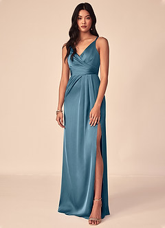 Azazie Aqua Bridesmaid Dresses Bermuda A-Line V-Neck Pleated Stretch Satin Dress image1