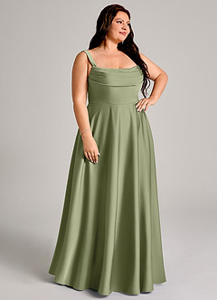 Azazie Shaude Bridesmaid Dresses Garden Sage A-Line Pleated Stretch Satin Dress image11