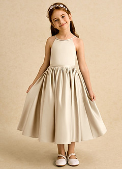 Azazie Indi vestidos de niña de las flores Vestido de Champán de Satin Mate de Corte En A con Lazo image5