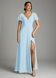Azazie Kimber Bridesmaid Dresses Sky Blue A-Line Flounce Sleeve Chiffon Dress image2
