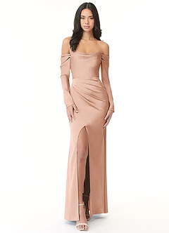 Azazie Hallie Bridesmaid Dresses Rose Gold Sheath Off-The-Shoulder Long Sleeve Stretch Satin Convertible Dress image3