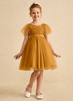 Azazie Queenie Robe Demoiselle D'honneur Fillette Robe Trapèze en Dentelle Caramel écossais image3