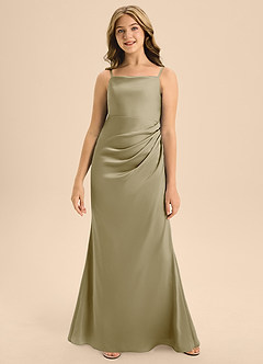 Azazie Renna Junior A-Linie Plissee Stretch-Satin Kleid Moosgrün image4