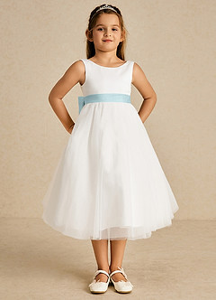 Azazie Kavi Flower Girl Dresses Ivory Mist A-Line Bow Matte Satin Dress image2