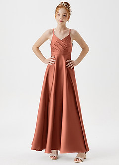 Azazie Avelina Junior Clay A-Line Pleated Stretch Satin Dress image3