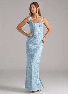 Azazie Kenna Vestidos de damas de honor Vestido de Azul Cielo de Devorado Floral de Corte Recto con Corte Lateral image5