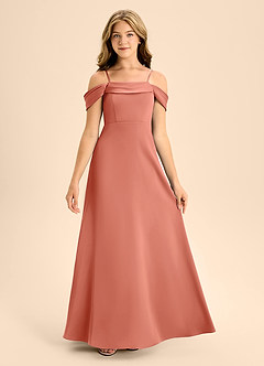Azazie Anselie Junior Salmon Pink A-Line Off the Shoulder Stretch Satin Dress image7