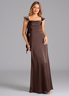 Azazie Adi Bridesmaid Dresses Ganache A-Line Pleated Stretch Satin Dress image1