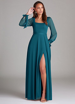 Azazie Leonia Bridesmaid Dresses Ink Blue A-Line Long Sleeve Mesh Dress image1