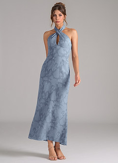 Azazie Marlissa At-home Try On Dresses Dusty Blue Sheath Pleated Floral Burnout Dress image3