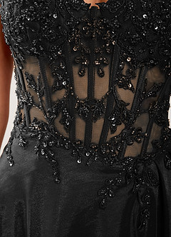 Isoldemark Black Corset Lace Satin Slit Prom Dress image7