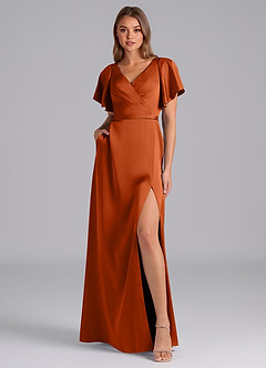 Azazie Ambrosia Bridesmaid Dresses Burnt Orange A-Line Pleated Stretch Satin Dress image6
