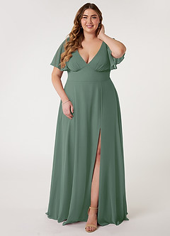 Azazie Kimber Bridesmaid Dresses Eucalyptus A-Line Flounce Sleeve Chiffon Dress image6