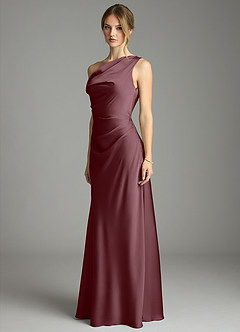 Azazie Emerson Bridesmaid Dresses Sangria Mermaid Off the Shoulder Stretch Satin Dress image2