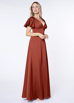Azazie Lani Bridesmaid Dresses Terracotta A-Line Flounce Sleeve Stretch Satin Dress image4