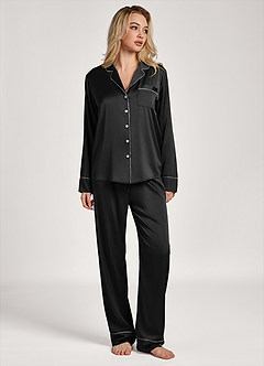 front Satin Lurex Trim Long Sleeve Pajama Set