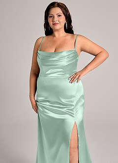 Azazie Saige Bridesmaid Dresses Agave Sheath Off the Shoulder Metallic Satin Convertible Dress image15