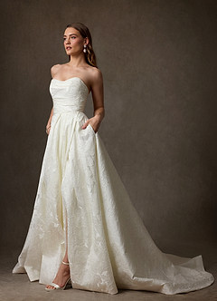 Azazie Paloma Wedding Dresses Antique White Ball-Gown Strapless Floral Jacquard Dress image4