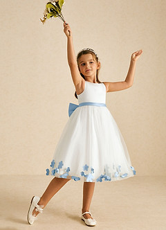 Azazie Dot Flower Girl Dresses Ivory Powder Blue A-Line Bow Tulle Dress image3