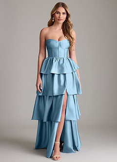 Azazie Faye Bridesmaid Dresses Steel Blue A-Line Ruched Stretch Satin Dress image1