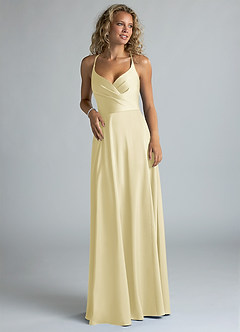 Azazie Davis Jurken voor bruidsmeisjes Jurk van Stretch Satijn met A-Lijn Geplooid Citroensorbet image4