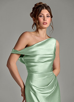 Azazie Emerson Robes de demoiselle d'honneur Robe Sirène en Satiné métallisé Épaule décolletée Matcha image7