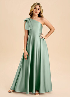 Azazie Penguin Junior Agave A-Line Bow Stretch Satin Dress image3