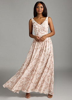 Azazie Keyla Vestidos de damas de honor Vestido de Floral Helecho Rosa de Gasa de Corte en A con Cuello en V Plisado image3