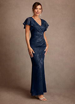 Azazie Dorina Mère de la mariée Robes Robe Fourreau en Jacquard Floral Plissée Bleu Marine Foncé image3