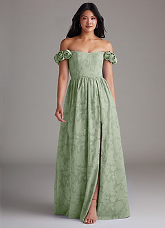 Azazie Autumn Bridesmaid Dresses Dusty Sage A-Line Off the Shoulder Floral Burnout Convertible Dress image1