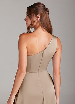 Azazie Brooke Bridesmaid Dresses Taupe A-Line One Shoulder Stretch Satin Dress image2