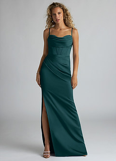Azazie Mai Bridesmaid Dresses Pine Sheath Pleated Stretch Satin Dress image1