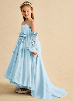 Azazie Karrie Abiti da Ragazza di Fiori Abito A-Line in Tulle Con Maniche Azzurro image3