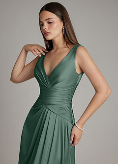 Azazie Pauline Bridesmaid Dresses Eucalyptus A-Line Pleated Stretch Satin Dress image3