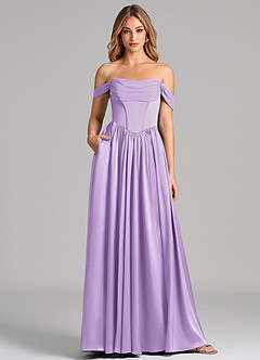 Azazie Raisa Bridesmaid Dresses Lilac A-Line Off the Shoulder Stretch Satin Dress image1