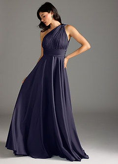 Azazie Charlize Robes de demoiselle d'honneur Robe Trapèze en Satin extensible Ue épaule Bleu Orageux image5