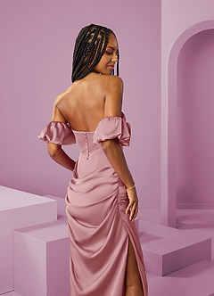 Barbie ♥ Azazie Bridesmaid Dresses Dusty Rose Sheath Off the Shoulder Stretch Satin Convertible Dress image8
