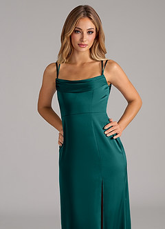 Azazie Callan Bridesmaid Dresses Peacock A-Line Pleated Stretch Satin Convertible Dress image7