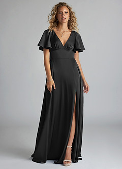 Azazie Kimber Bridesmaid Dresses Black A-Line Ruched Stretch Satin Dress image3
