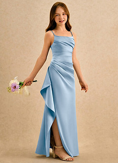 Azazie Cannoli Girls Formal Flower Girl Dresses Powder Blue A-Line Pleated Matte Satin Dress image1
